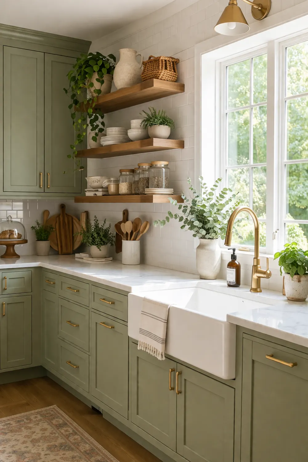 sage green kitchen cabinets with brass hardware white countertop modern farmhouse kitchen decor sage green kitchen inspiration