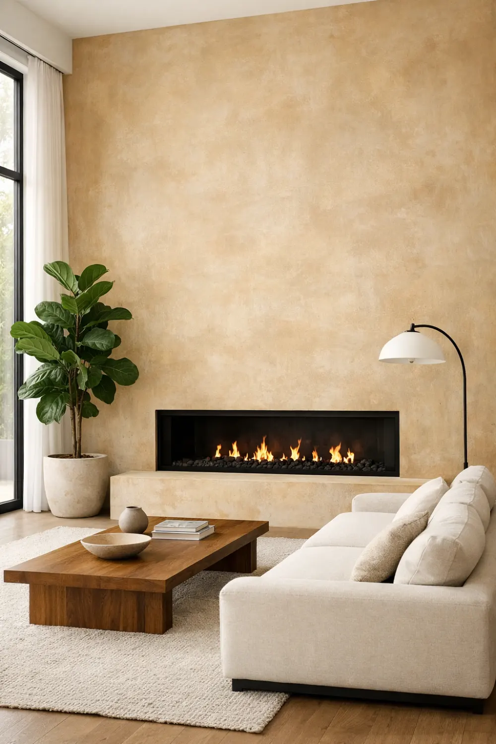 Modern fireplace limewash feature wall with neutral sofa, wooden coffee table, minimalist living room interior design inspiration