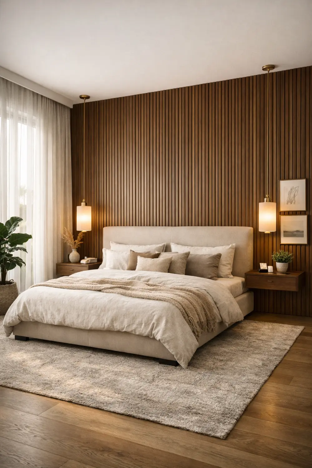 fluted bedroom headboard wall design with wood panels and pendant lights
