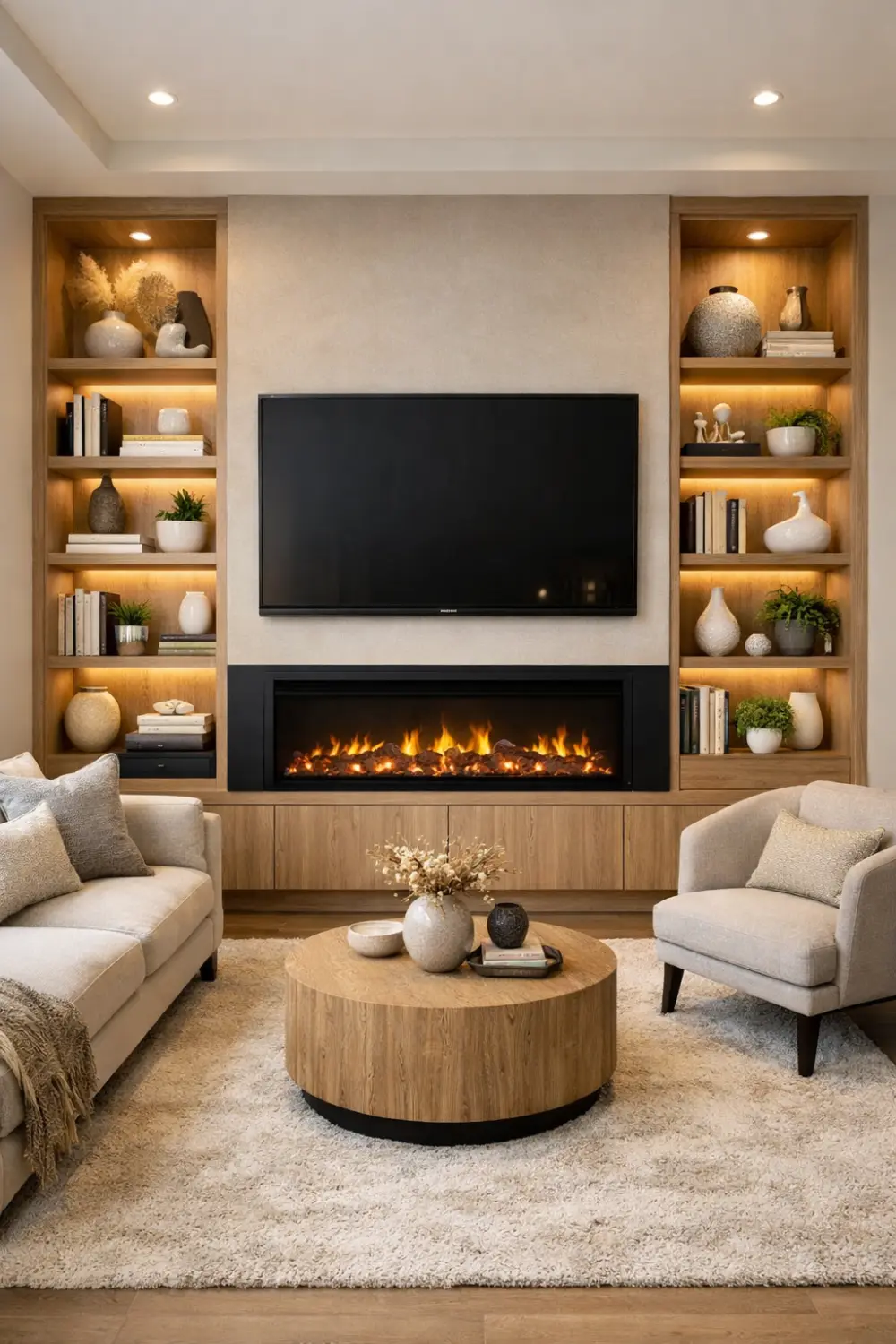 Built in media wall with shelves electric fireplace and TV above surrounded by decorative lighting and modern living room decor.