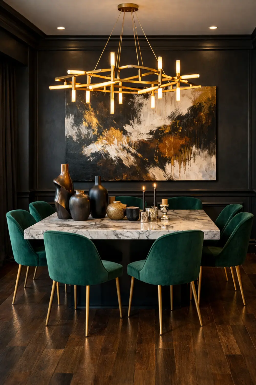 dark luxury maximalist dining room with emerald velvet chairs marble table gold chandelier and dramatic black paneled walls