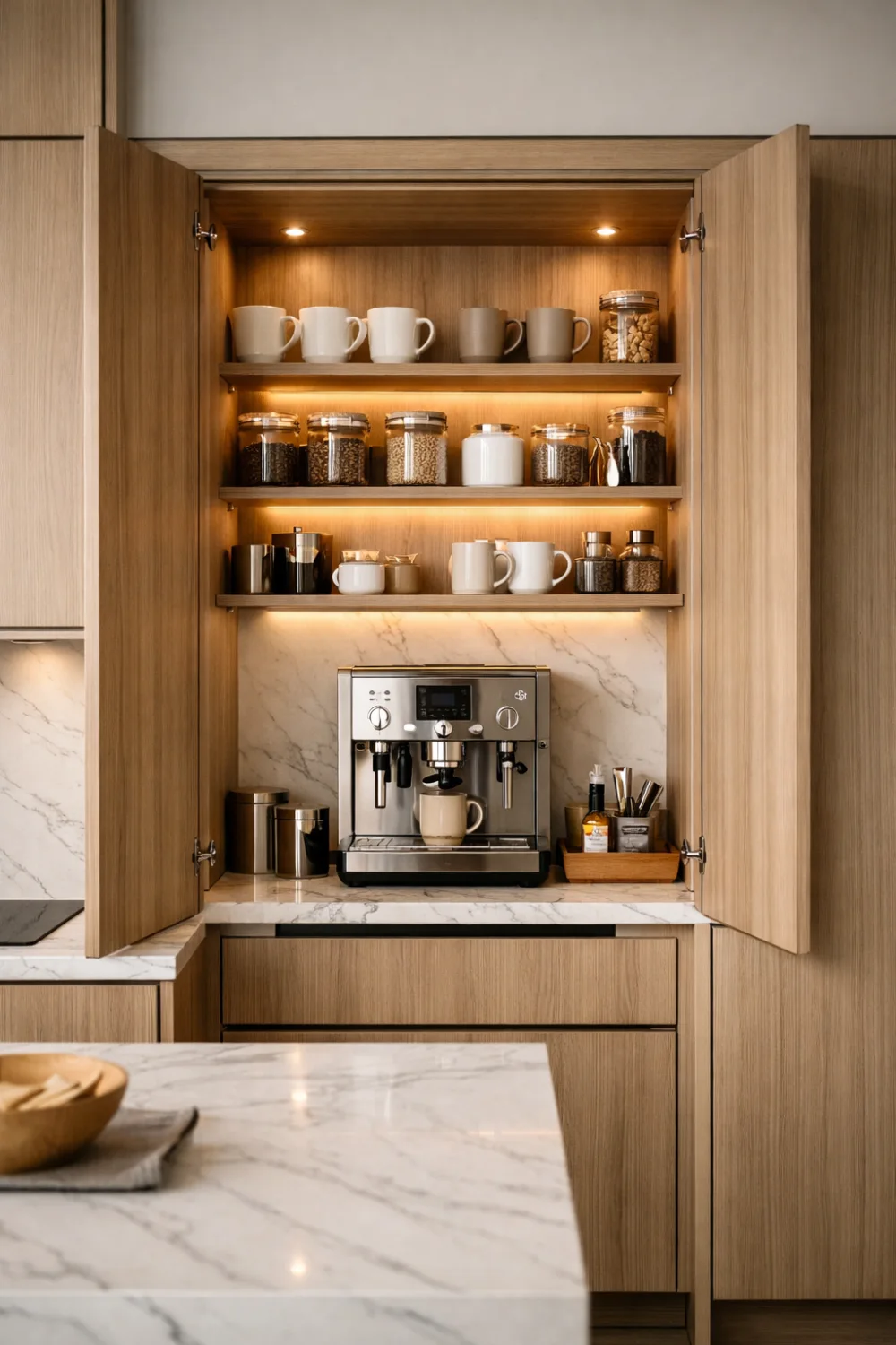 hidden coffee bar cabinet with shelves mugs coffee jars and built in espresso machine modern kitchen coffee station
