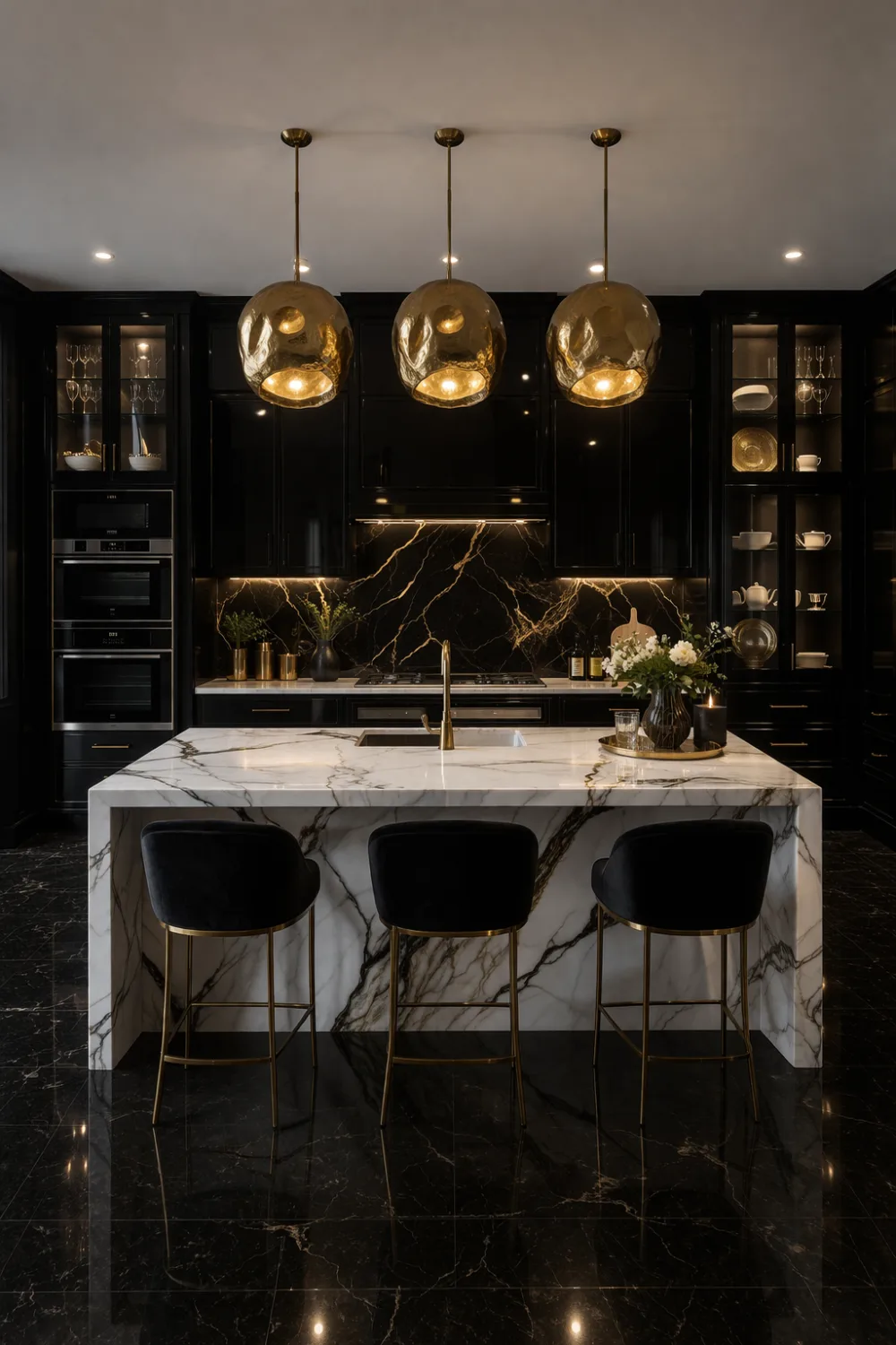 Black and gold luxury kitchen with marble island, glass pendant lights, glossy cabinets, and dramatic modern interior design.