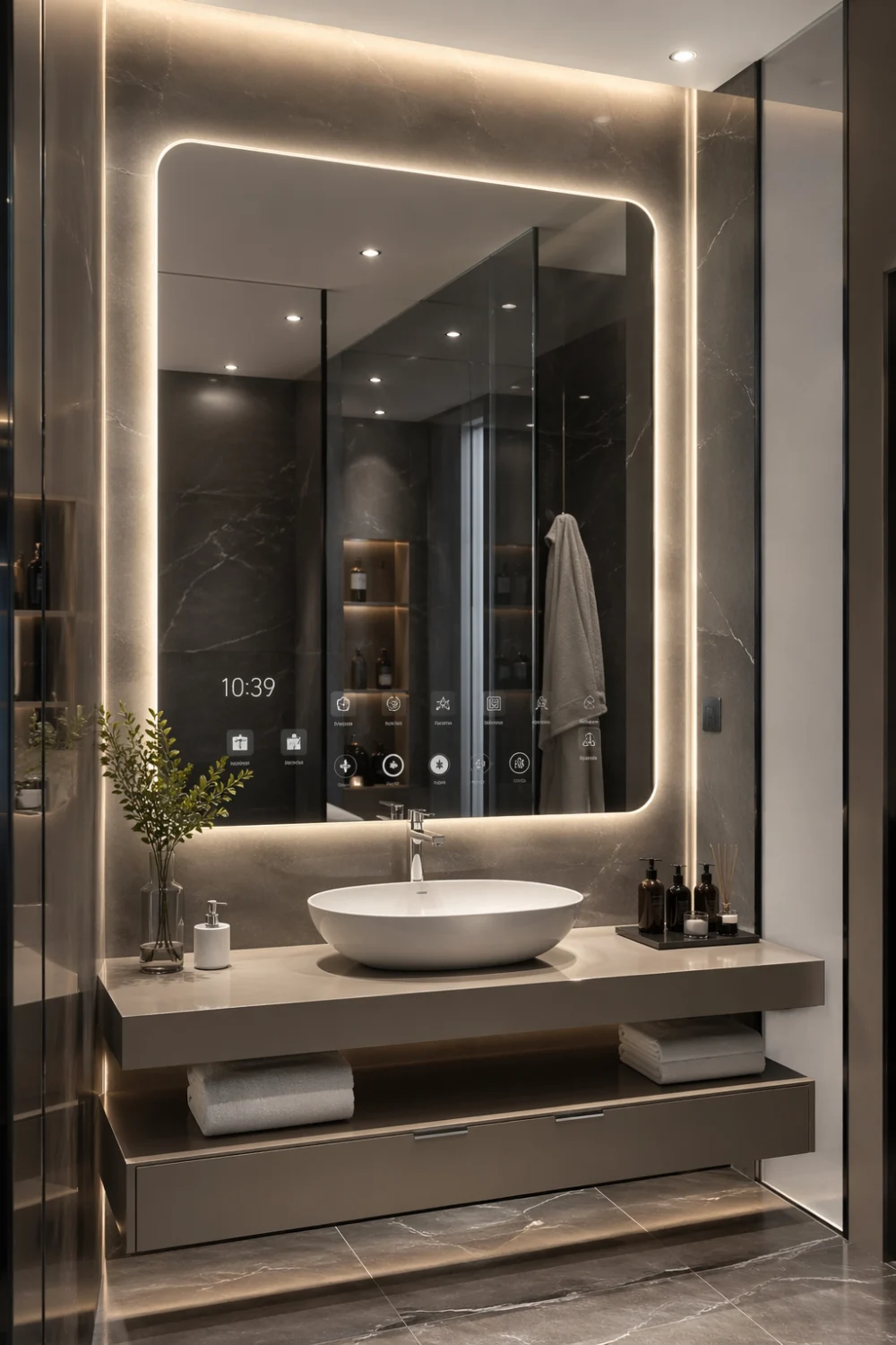 Smart LED bathroom mirror with touch controls and soft backlight creating a modern high tech vanity setup