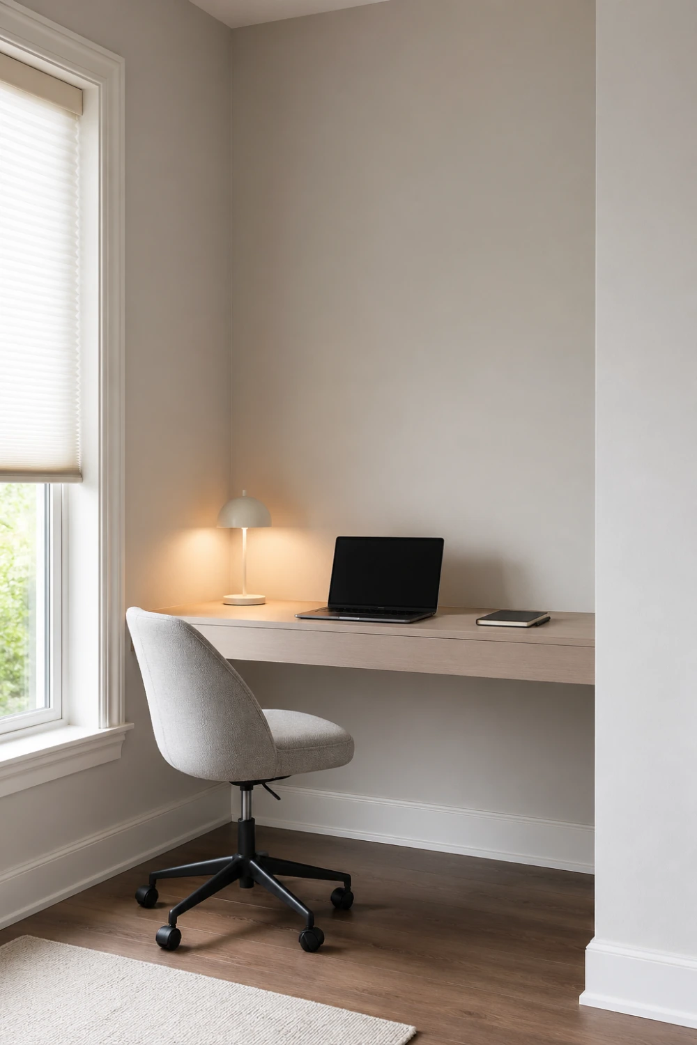minimal workspace corner with floating desk chair laptop soft daylight clean setup neutral colors modern home office small space productivity