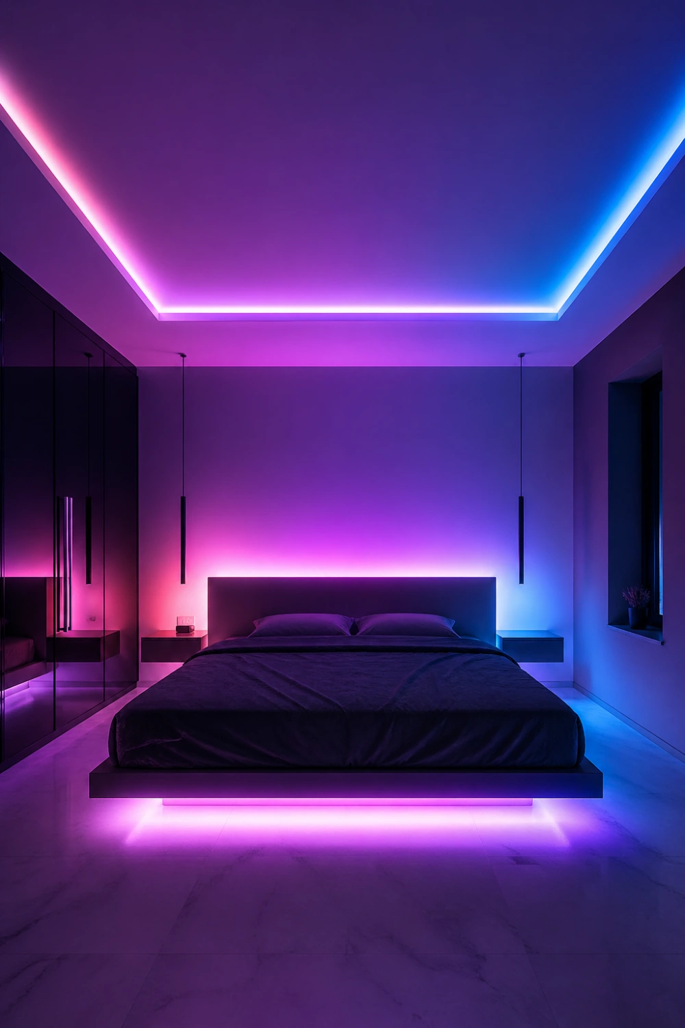 LED ambient bedroom aesthetic with RGB lighting, floating bed glow, neon ceiling lights, modern futuristic bedroom design, purple blue lighting setup aesthetic room ideas