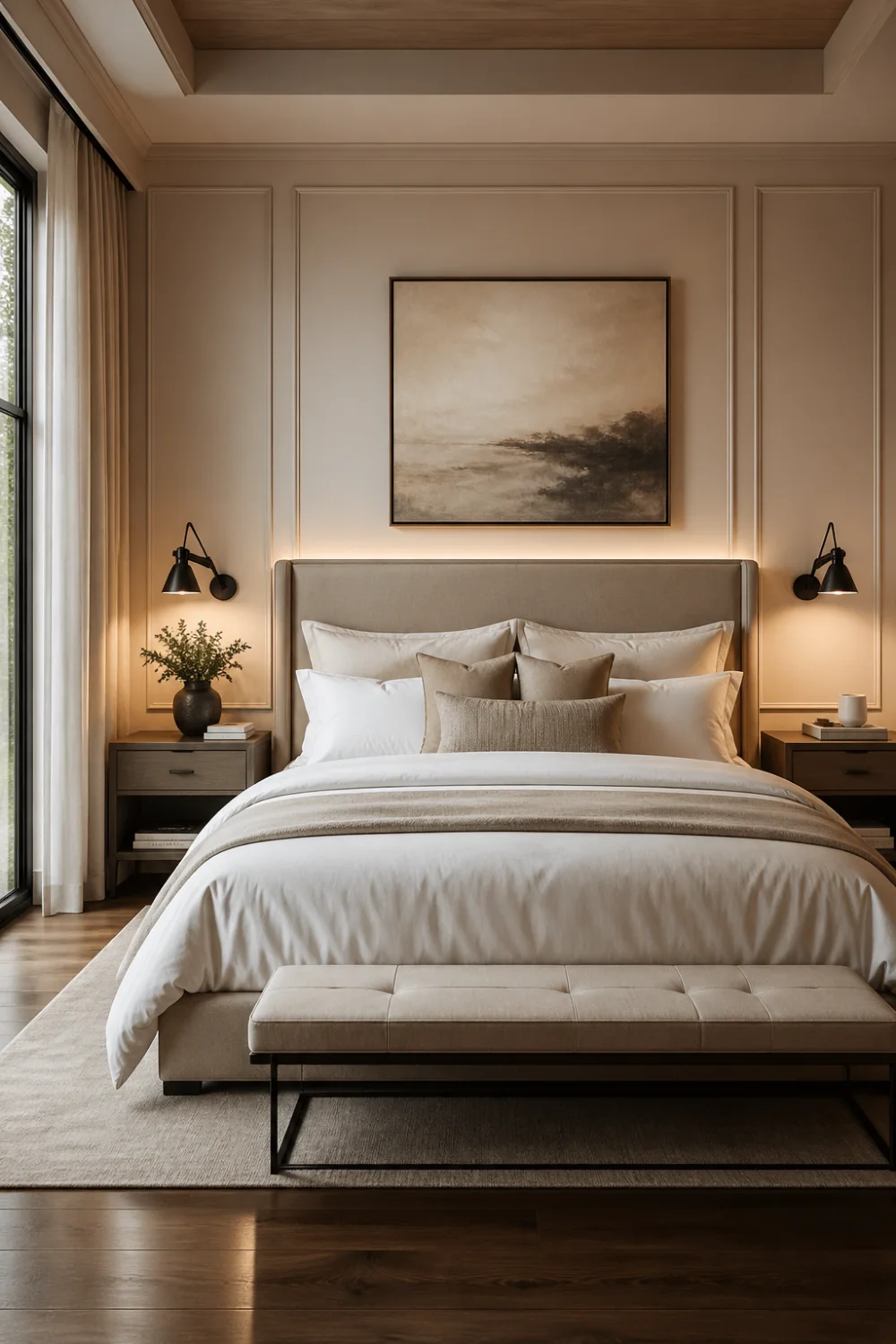 modern farmhouse bedroom with warm wood ceiling, beige upholstered bed, layered neutral bedding, wall sconces lighting, framed artwork above bed, soft ambient lighting, balanced symmetrical layout, cozy modern interior