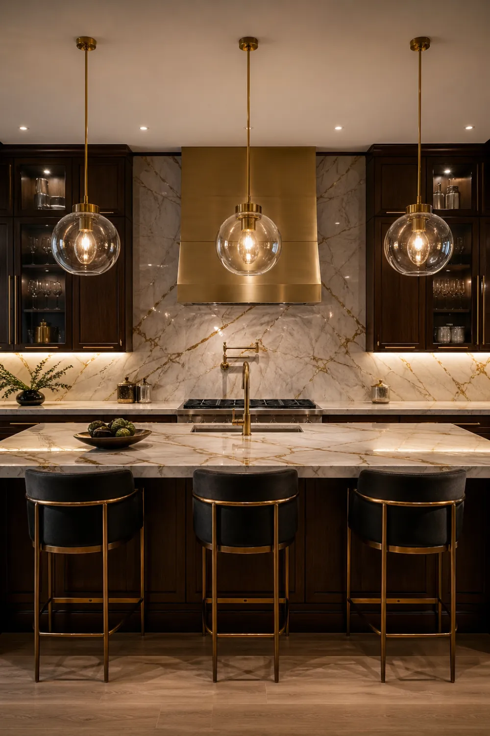 luxury kitchen with layered lighting design, combination of recessed ceiling lights, under cabinet LED glow and pendant lights, marble island and backsplash, warm balanced lighting creating depth and modern aesthetic