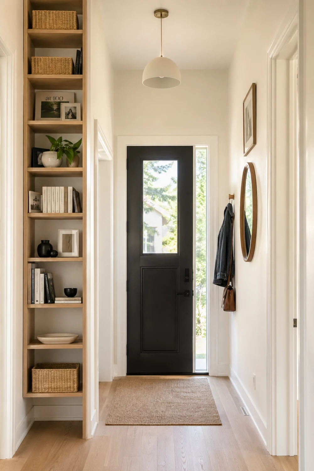 narrow entrance hall with tall vertical shelving unit, wooden shelves styled with baskets, books, and decor, modern small hallway storage ideas, neutral tones, bright and organized entryway design