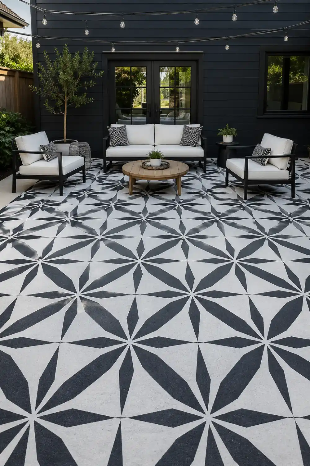 black and white geometric patterned concrete patio floor design, modern outdoor seating with neutral cushions, string lights above, stylish patio flooring makeover, bold tile look on concrete slab, contemporary backyard setup