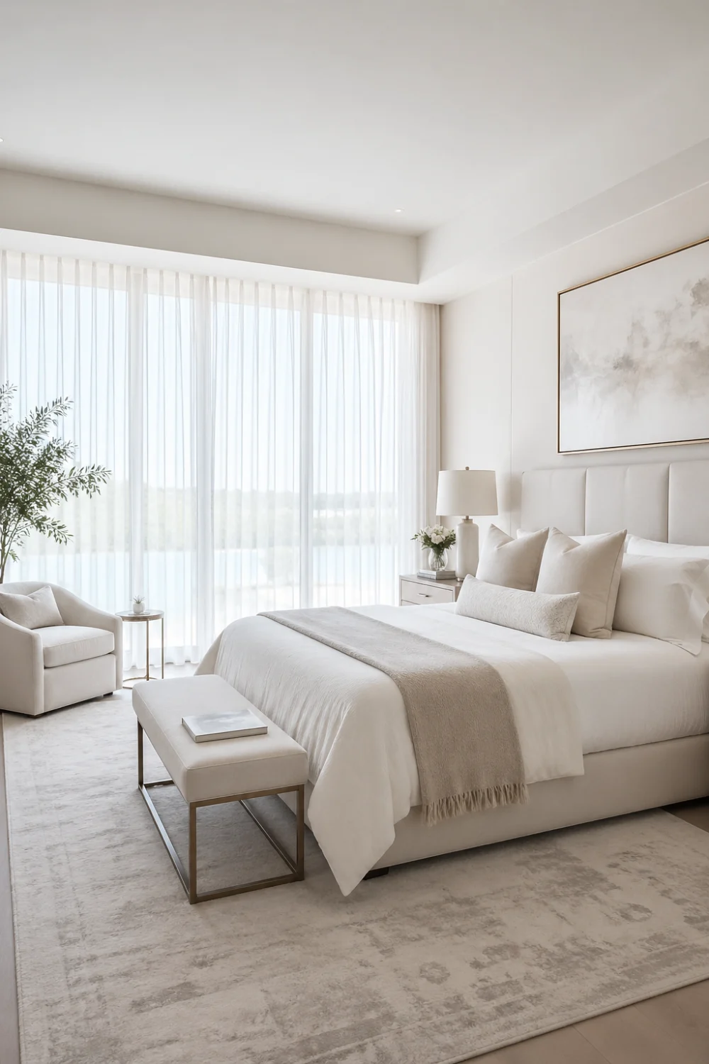 Bright bedroom with floor to ceiling sheer curtains, large window wall, neutral decor, soft textures, and airy modern aesthetic