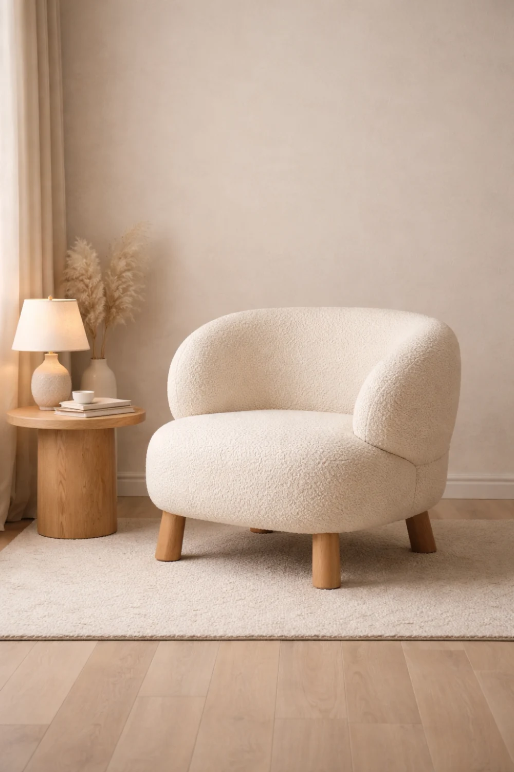curved boucle accent chair in cozy corner with side table and warm lighting
