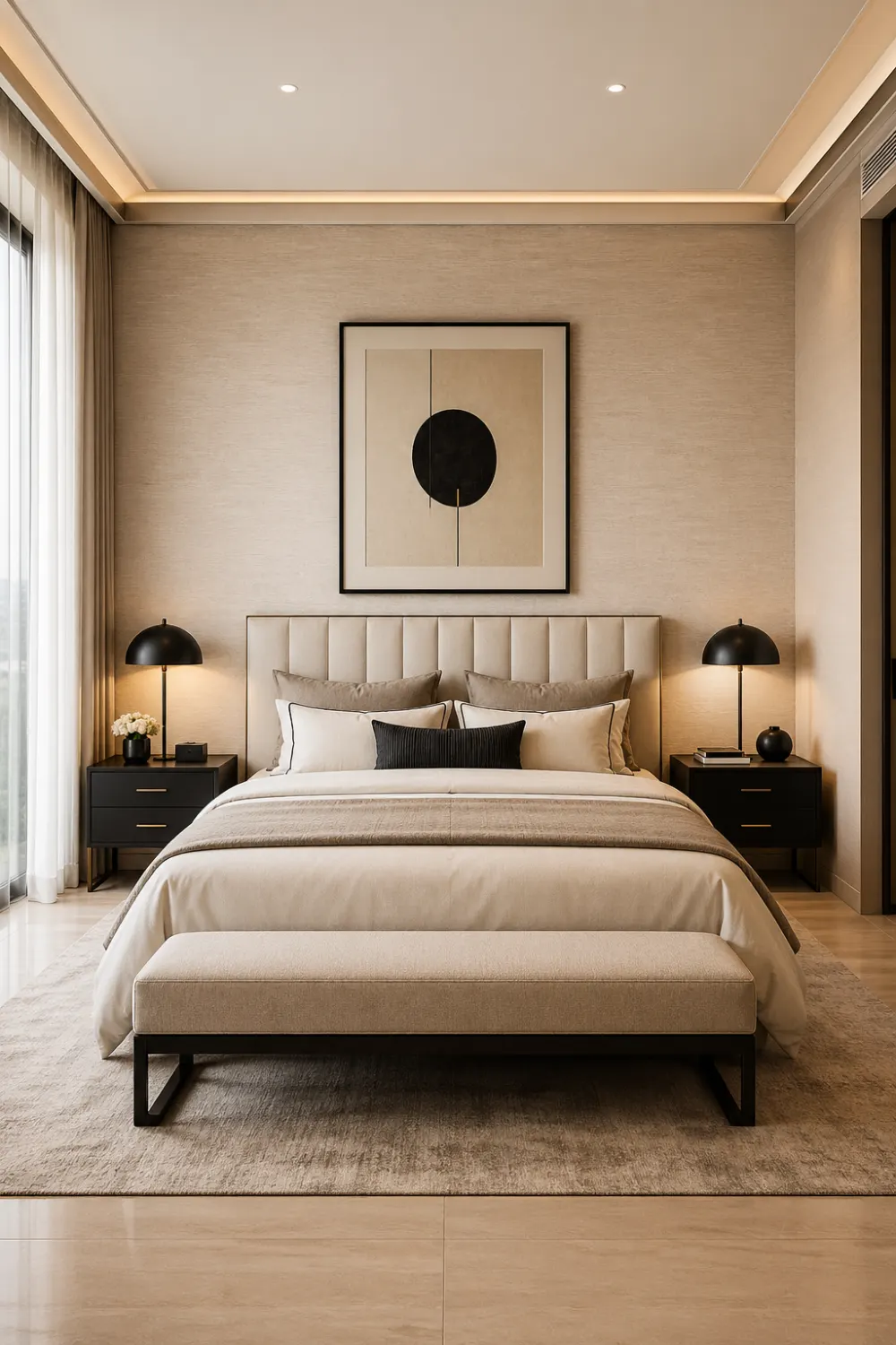 modern neutral hotel style bedroom design, beige color palette with black accents, upholstered bed with layered bedding, symmetrical nightstands with lamps, soft ambient lighting, minimal decor, clean wall design, luxury hotel bedroom inspiration, calm and balanced interior