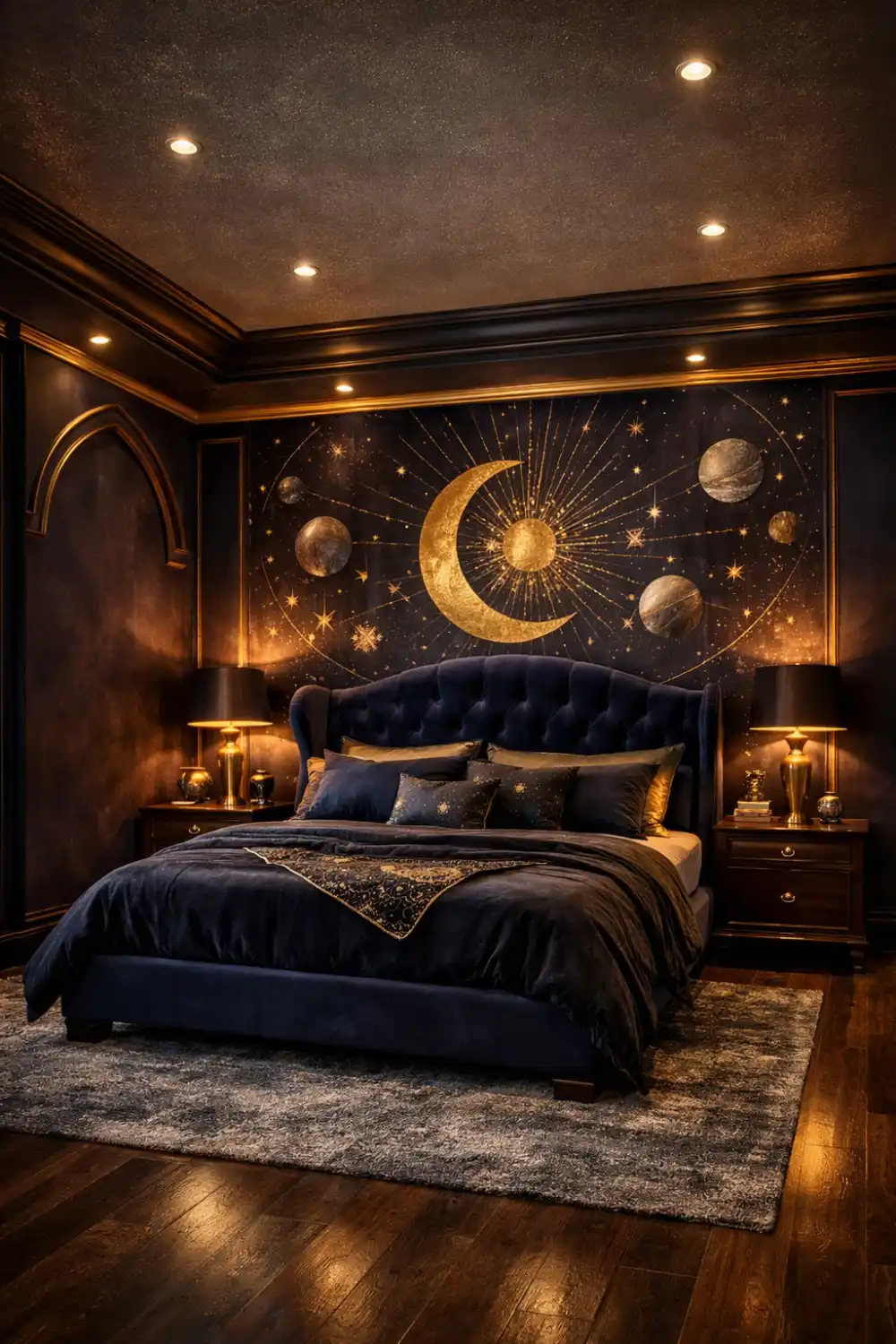 luxury celestial bedroom moon planet wall art dark blue gold aesthetic decor