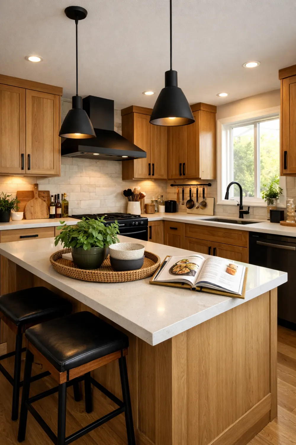 Warm wood kitchen with matte black accents, modern cabinets, black fixtures, cozy kitchen styling with natural light and minimal decor