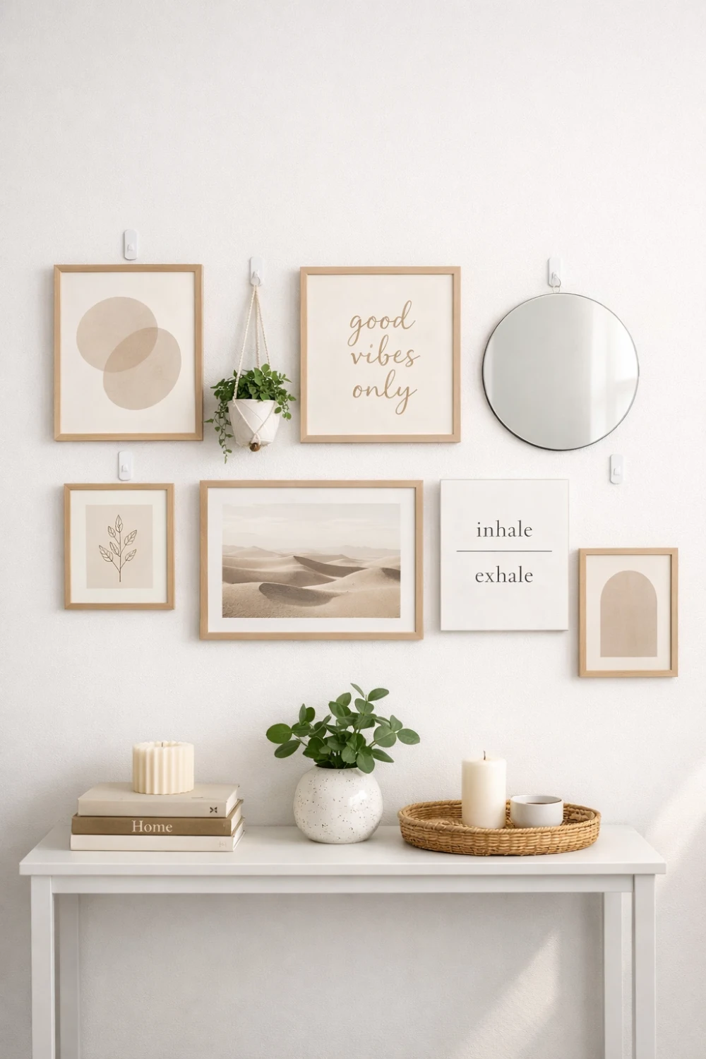 command hooks gallery wall neutral frames wall decor renter friendly hanging mirror plant aesthetic apartment wall styling