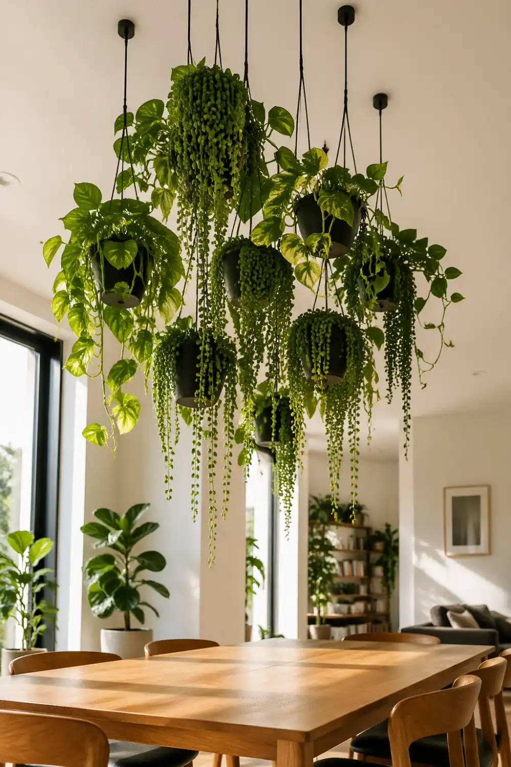 hanging plant cluster chandelier pothos indoor modern dining room decor greenery ceiling