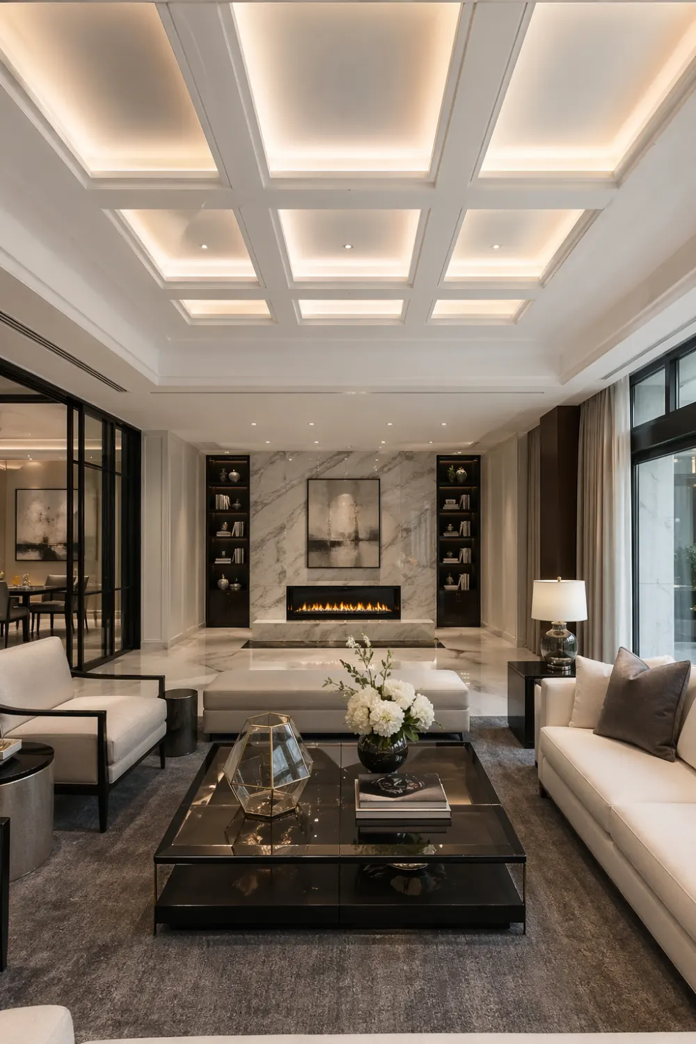 modern living room with white coffered ceiling, recessed lighting, marble wall, luxury furniture, elegant interior design, geometric ceiling pattern idea
