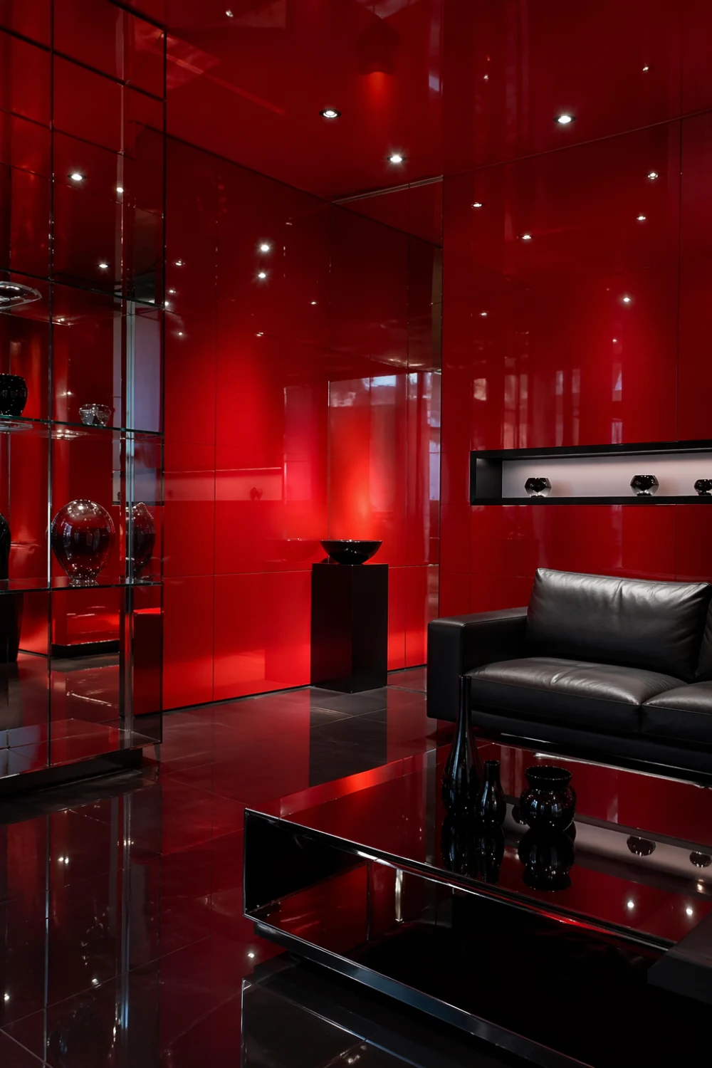 glossy cherry red lacquer walls modern luxury room black leather sofa glass decor reflective surfaces high end interior design