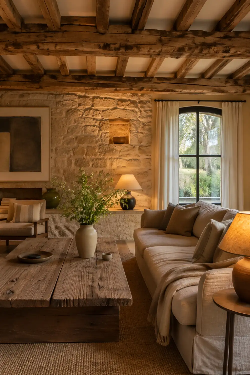 Rustic French country living room with exposed wooden beams, stone wall, linen sofa, warm lighting and natural textures