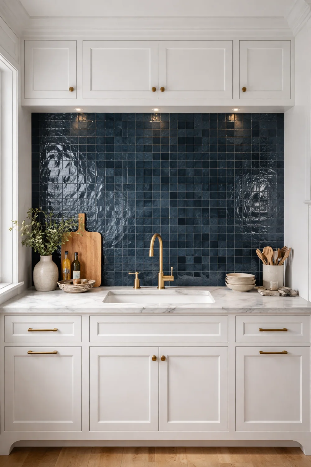 deep blue zellige kitchen backsplash with white cabinets and brass faucet