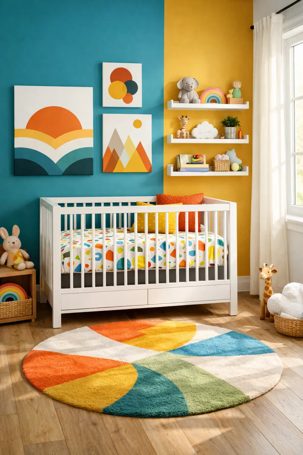 Modern colorful nursery decor with bold blue and yellow accent walls, geometric wall art, white baby crib, and vibrant rug creating a stylish modern baby room.
