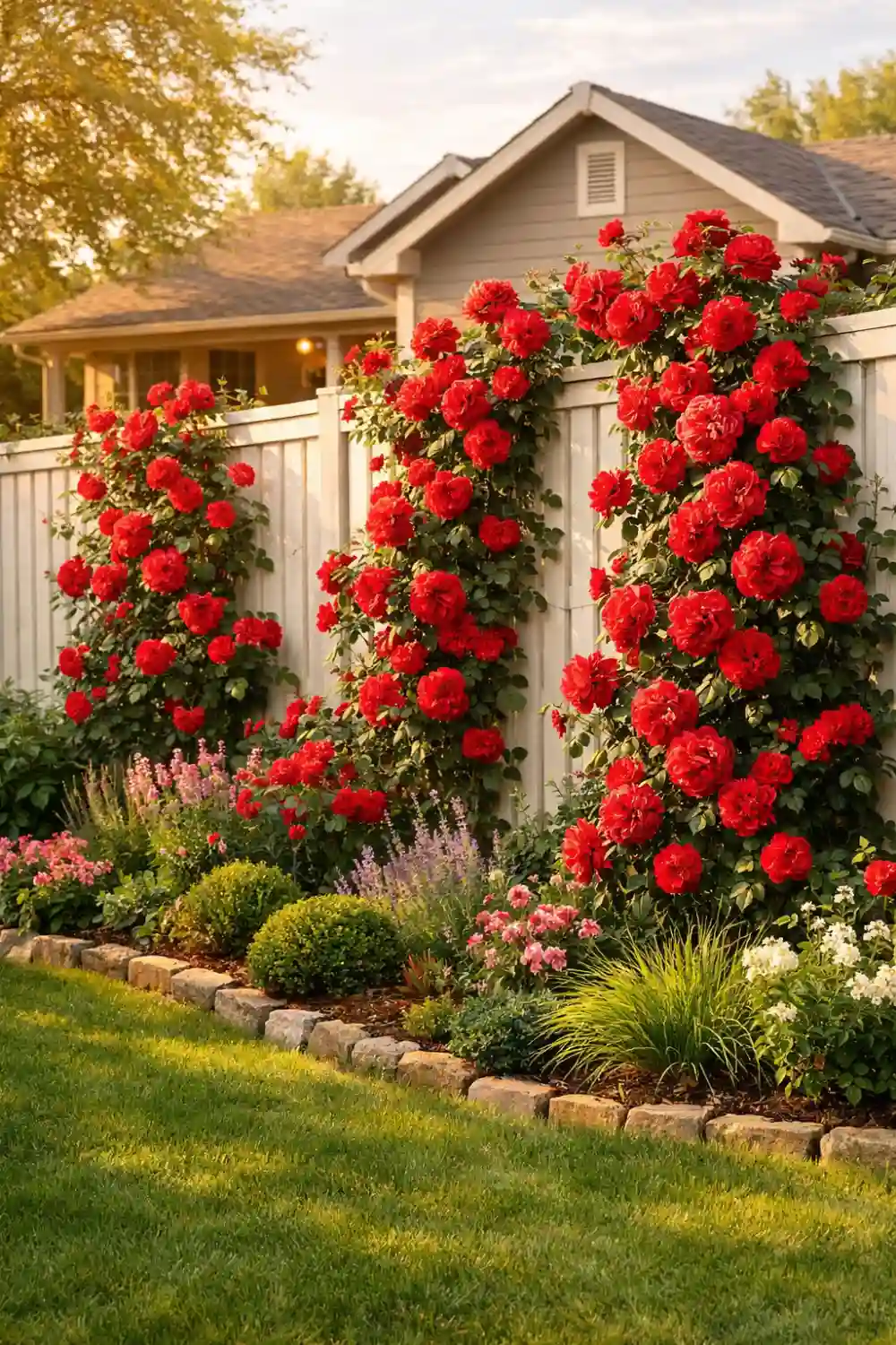 Backyard white fence covered with climbing red roses and layered flower beds creating a vibrant residential garden design.