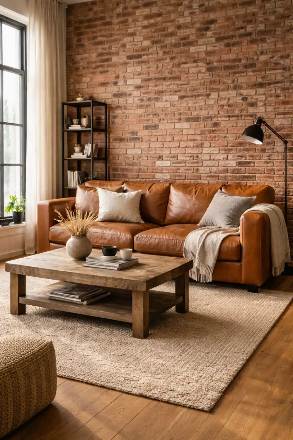 Cozy living room interior featuring an exposed red brick accent wall, warm leather sofa and wooden coffee table with soft neutral decor, industrial style textured wall creating a rustic modern living room atmosphere.