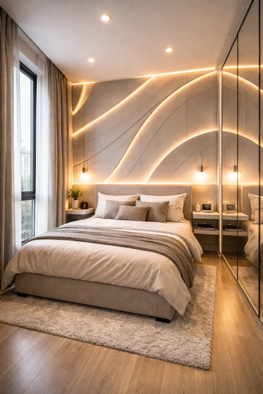 tiny bedroom with curved LED accent wall and mirrored wardrobe modern luxury bedroom design