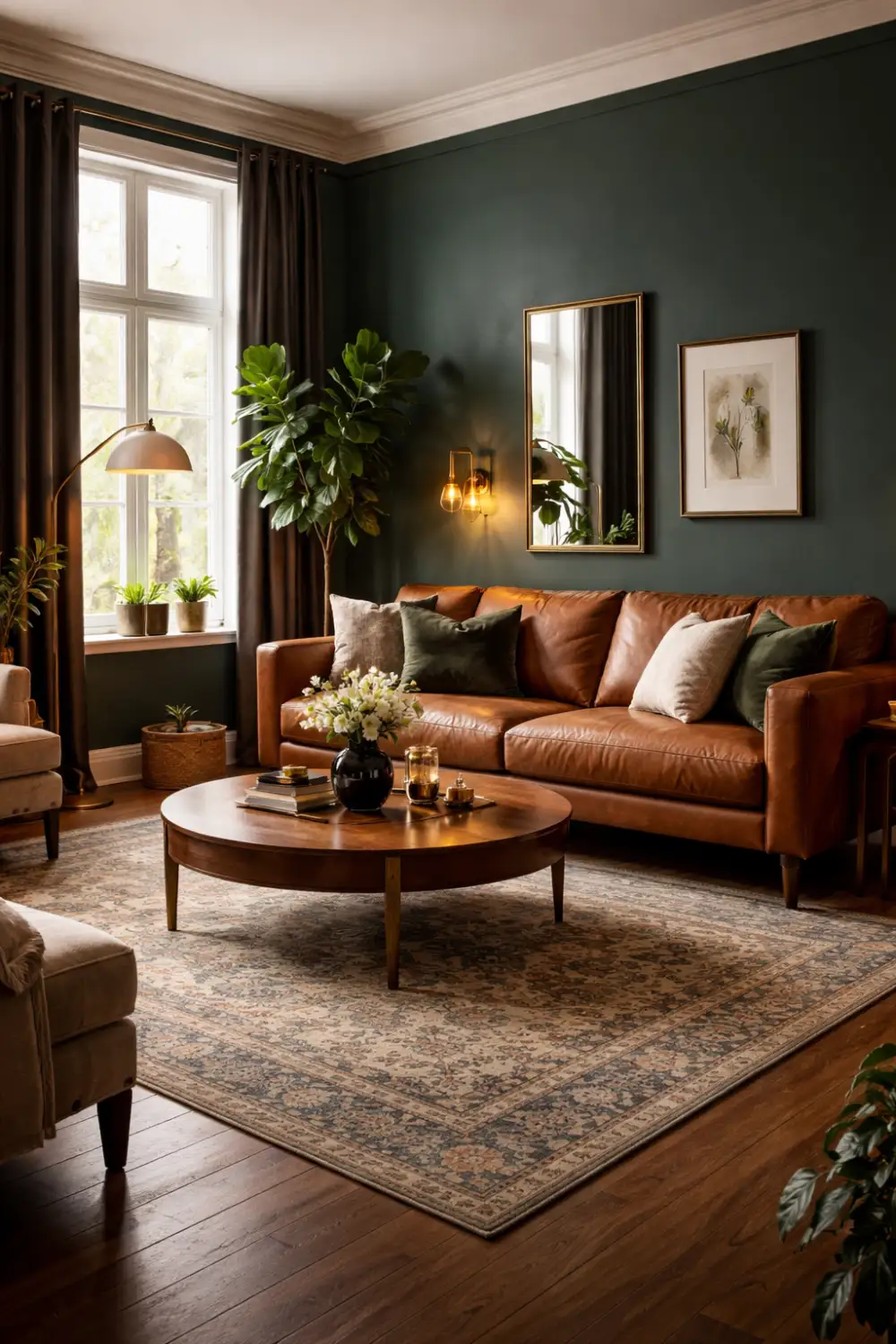 forest green living room with leather sofa cozy dark green wall decor plants warm lighting stylish modern living room idea