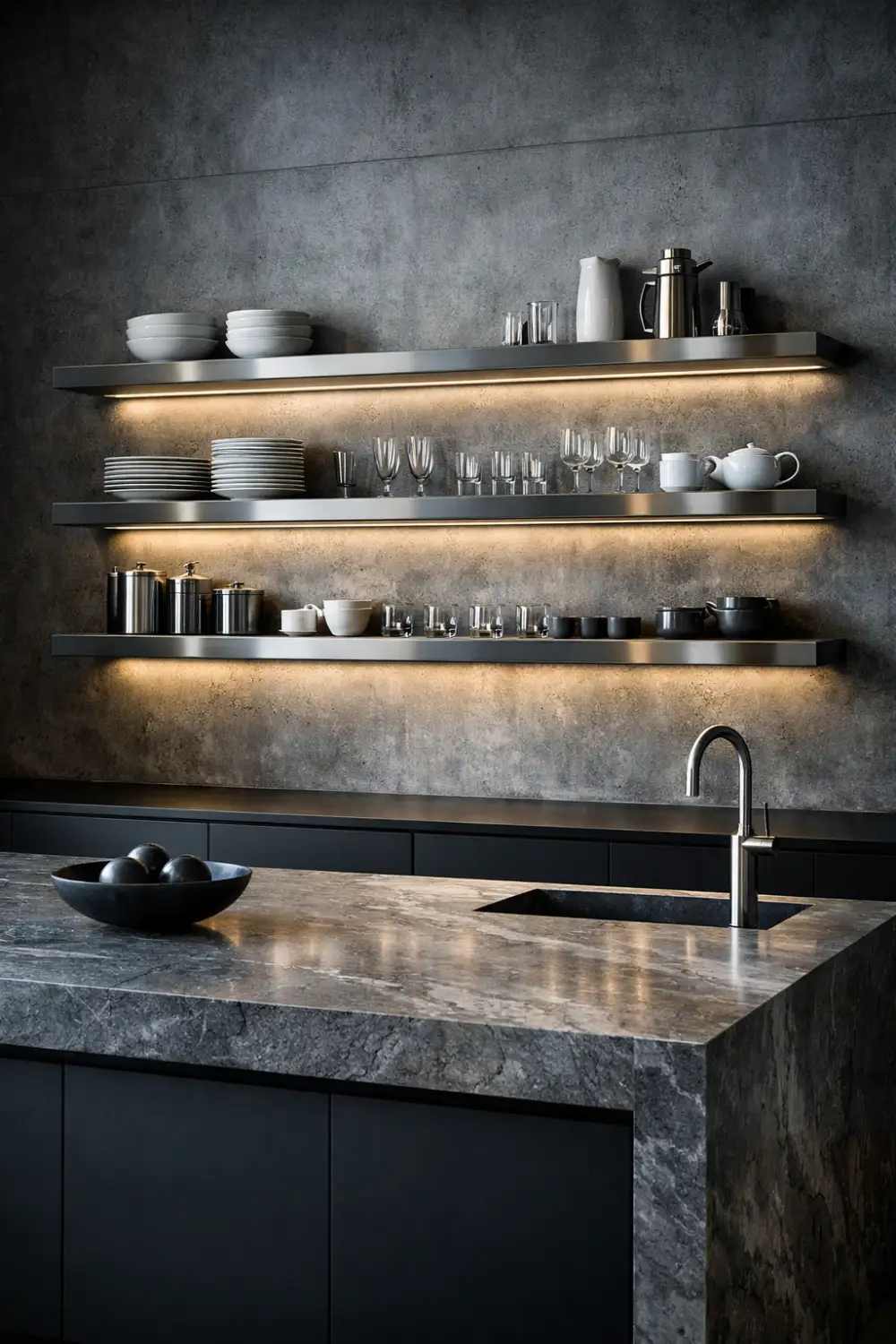 Modern industrial kitchen with brushed stainless steel floating shelves and warm LED lighting displaying dishes and glassware against a textured concrete wall in a sleek contemporary space.