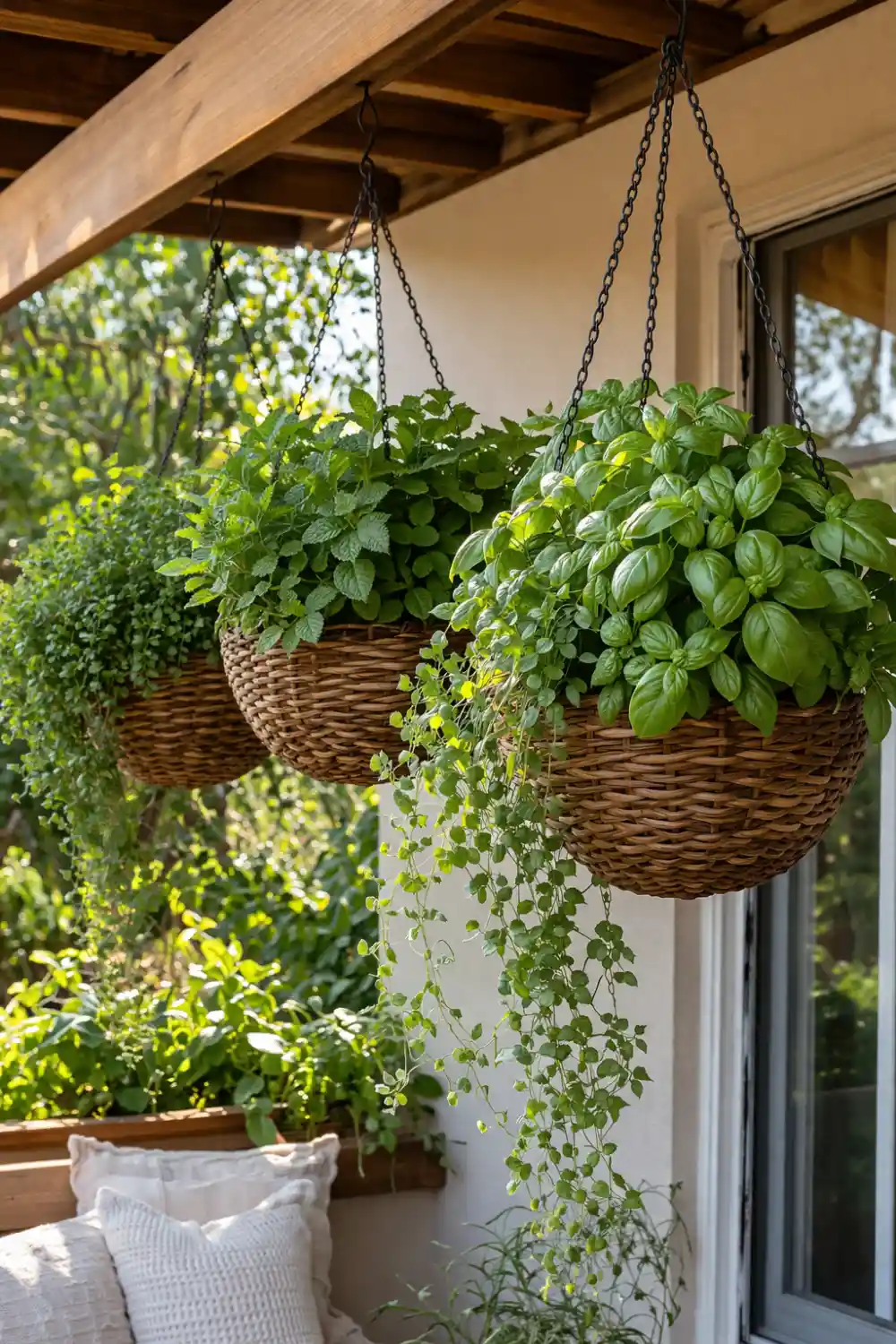 Hanging basket herb garden with woven baskets growing basil mint oregano and thyme on sunny porch, relaxing balcony herb gardening idea for small outdoor spaces