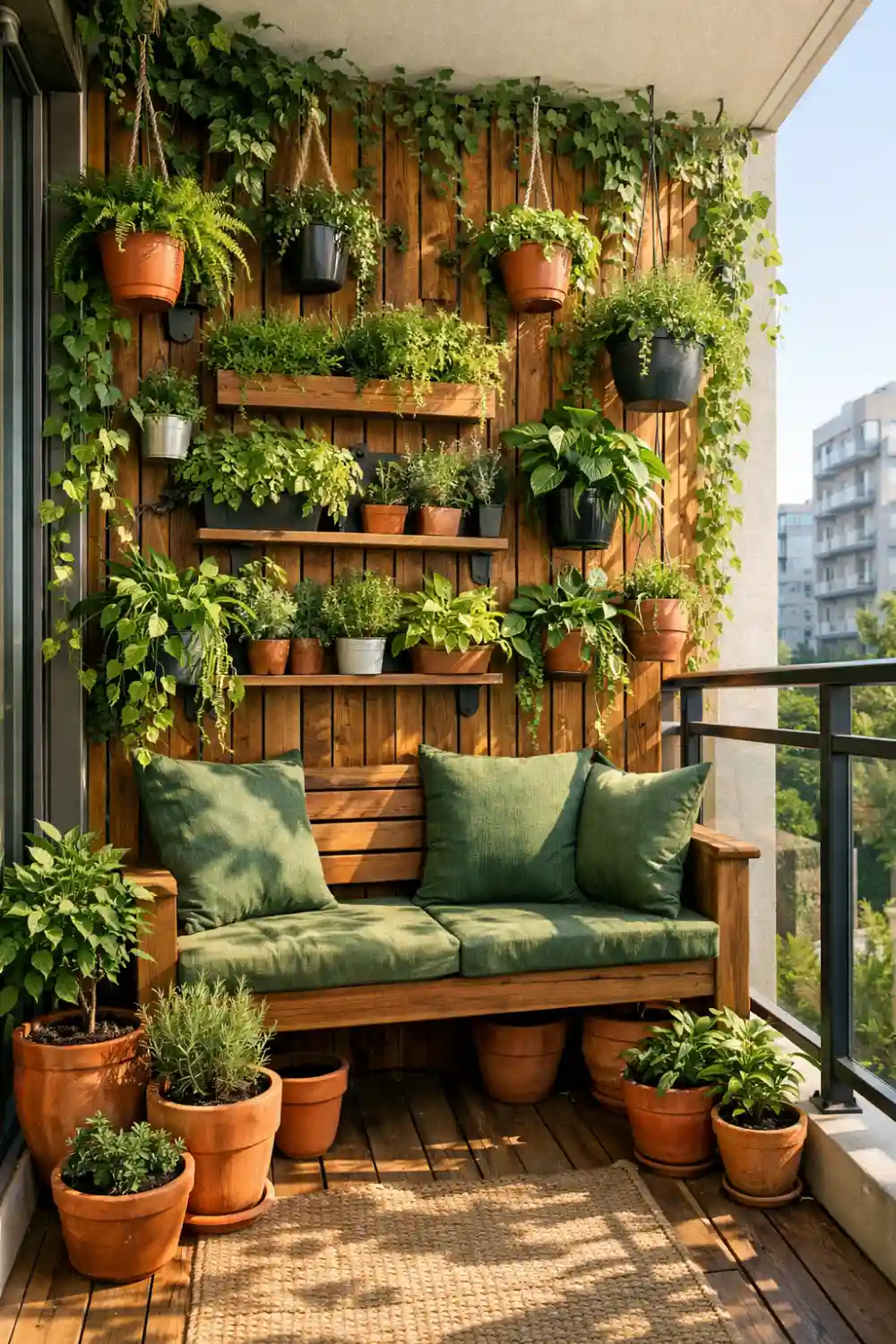 vertical garden balcony wall decor with plants wooden shelves small apartment balcony garden design green balcony inspiration