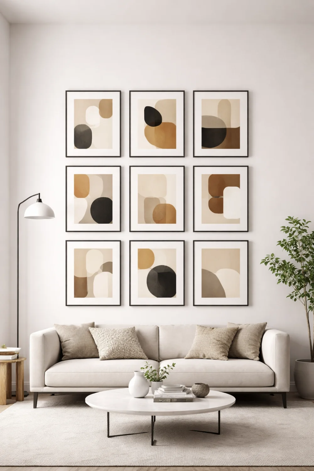 Neutral minimalist grid gallery wall with beige abstract art prints in matching frames above a modern living room sofa