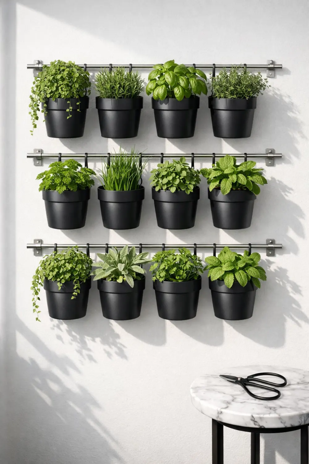 Wall mounted hanging pot rail vertical garden with black planters arranged neatly in rows on a minimalist wall.