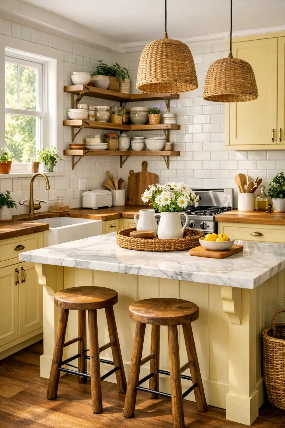 butter yellow kitchen cabinets farmhouse kitchen decor warm cozy kitchen inspiration