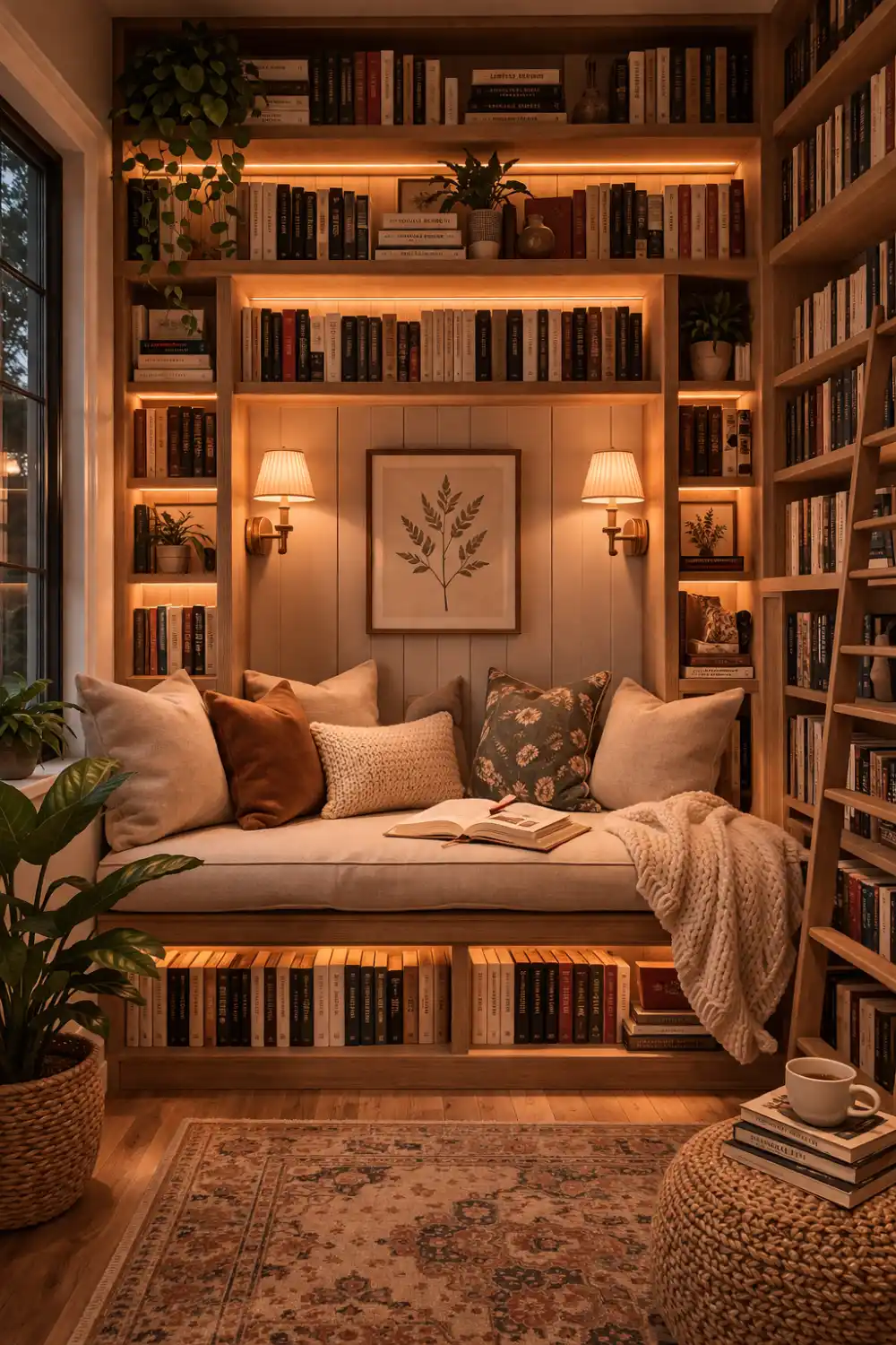 built in bookshelf reading nook with bench seat pillows warm lighting cozy home library corner