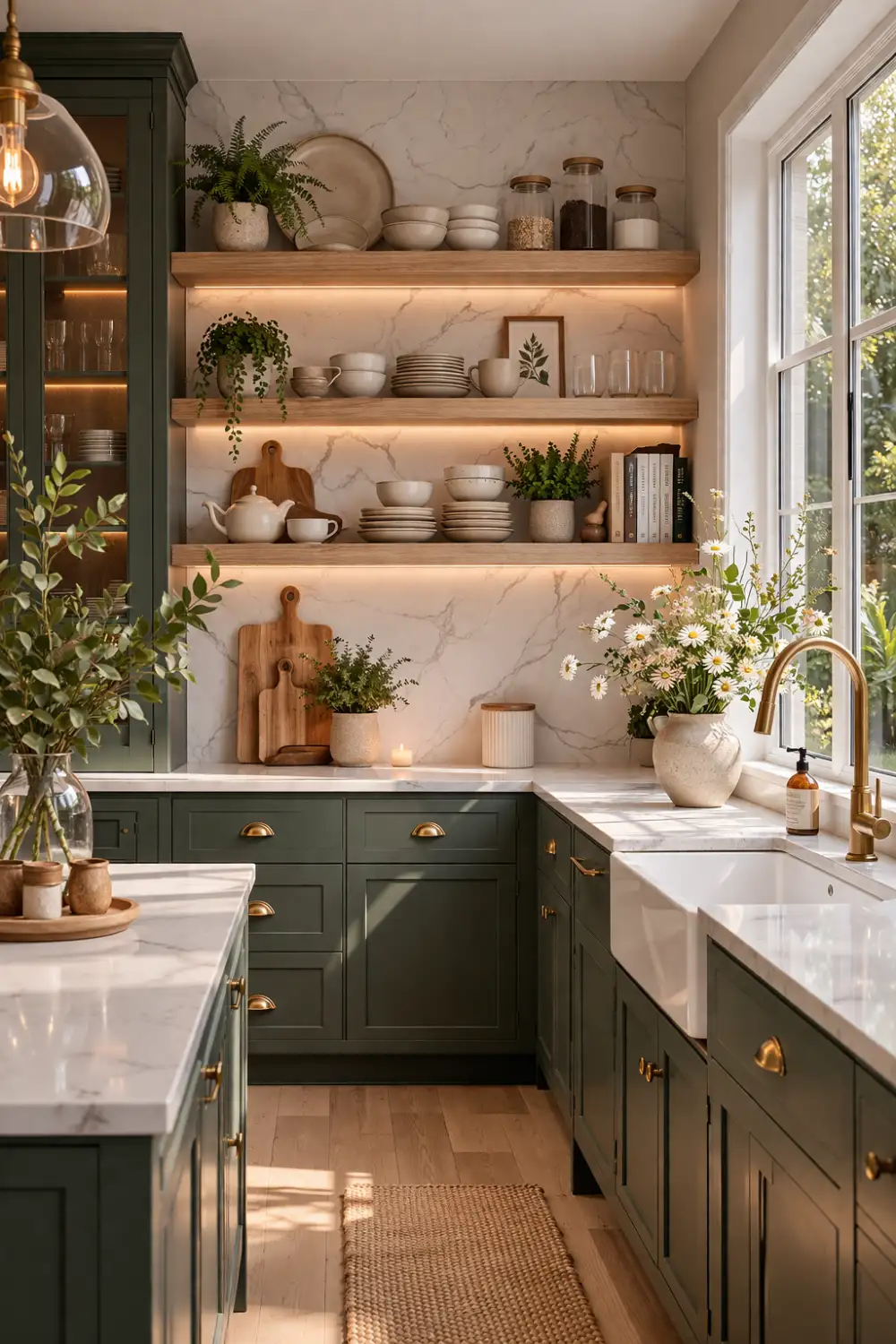 Olive green modern cottage kitchen with marble countertops, wooden floating shelves, brass hardware, and bright window light.