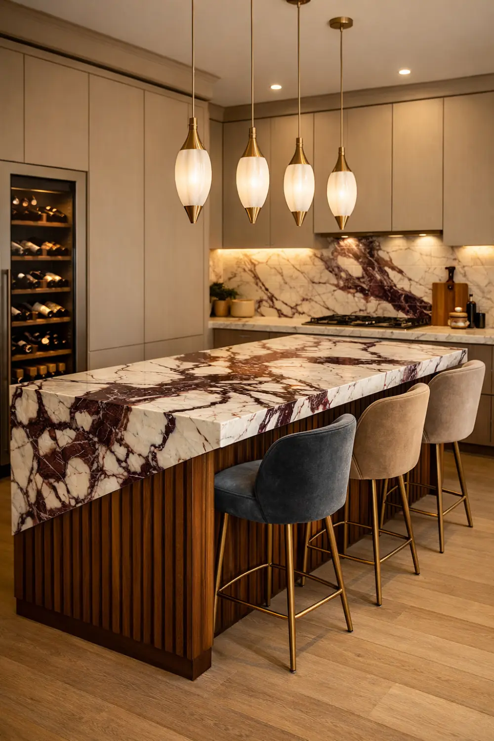 Viola marble island with fluted wood base, modern kitchen design, pendant lighting, and luxury seating stools