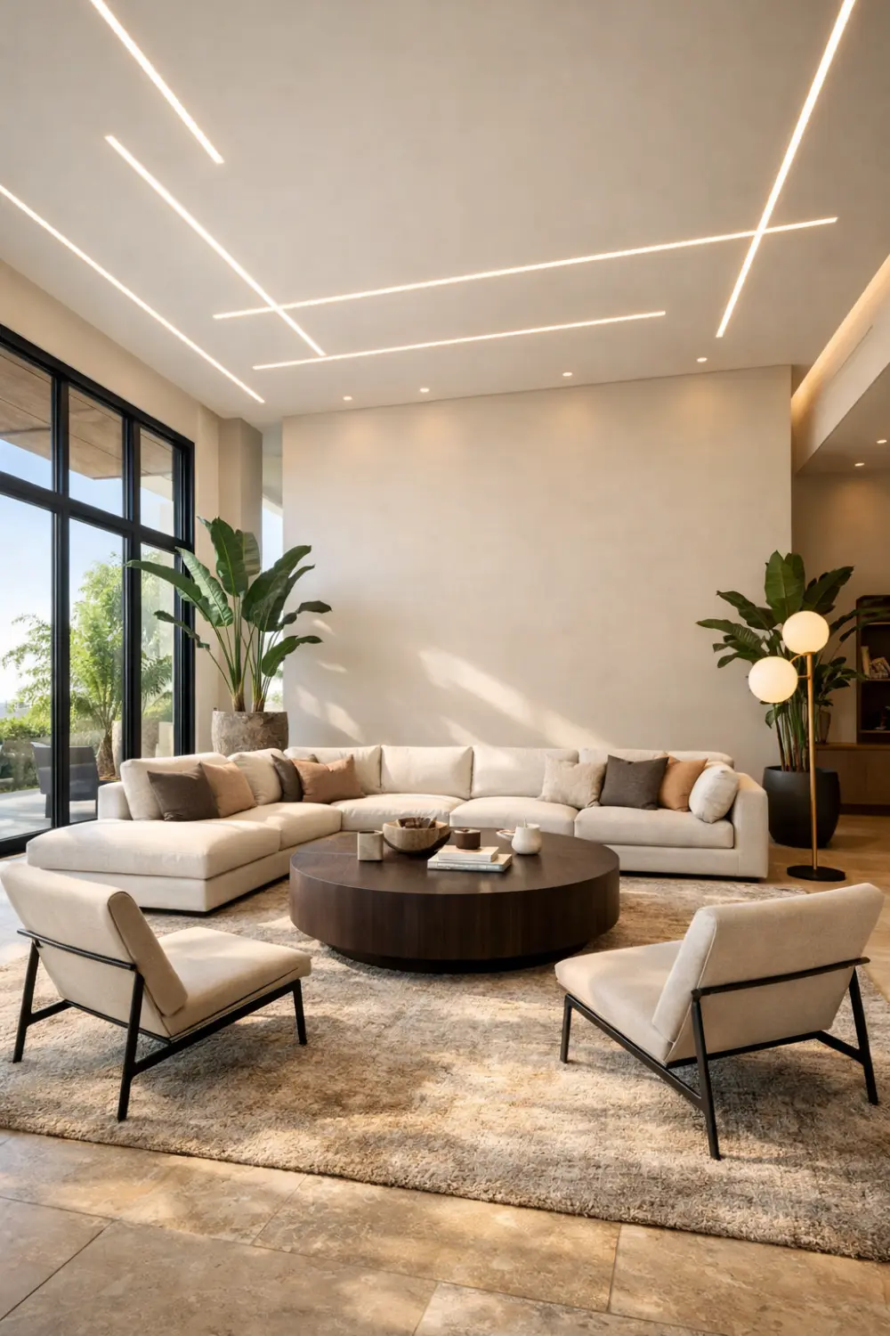 open concept living room modern sectional sofa large windows interior ideas