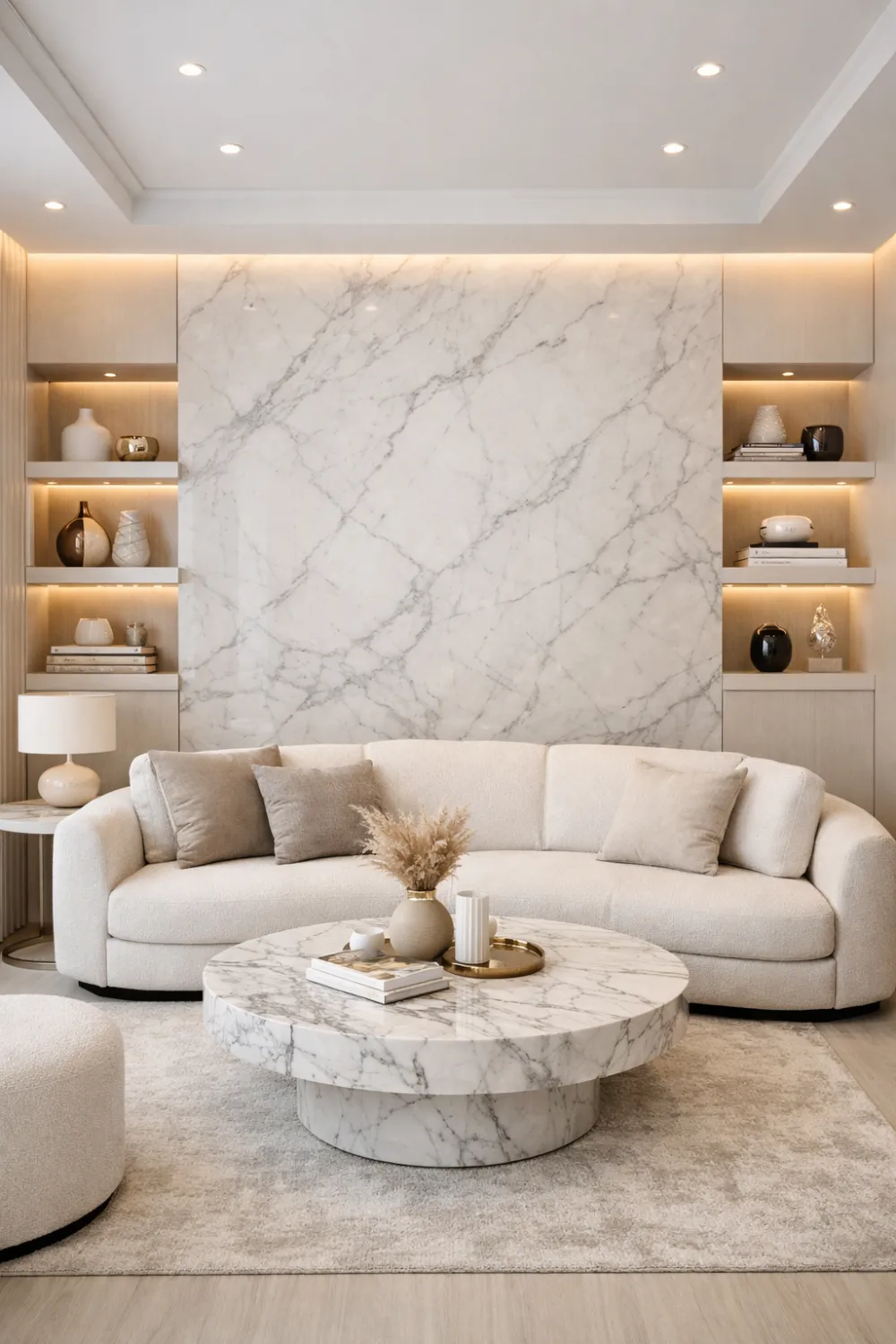 Small luxury living room with marble accent wall, curved sofa, built in shelves, and round marble coffee table creating an elegant modern living room design.