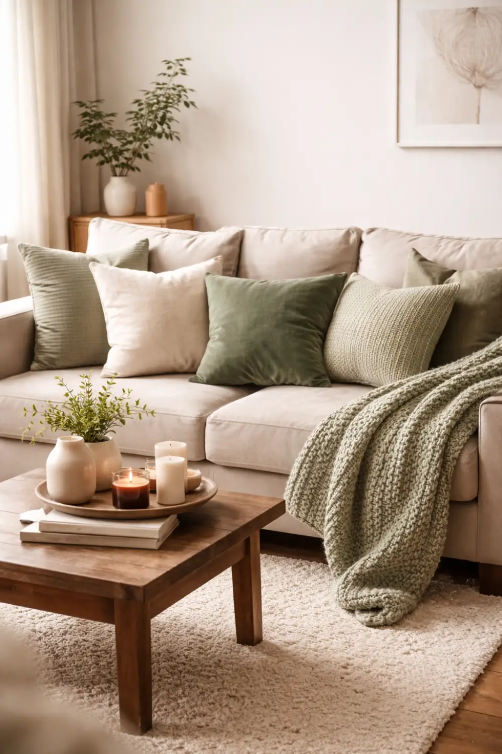 sage green throw pillows living room decor neutral sofa cozy blanket wooden coffee table warm minimalist home styling