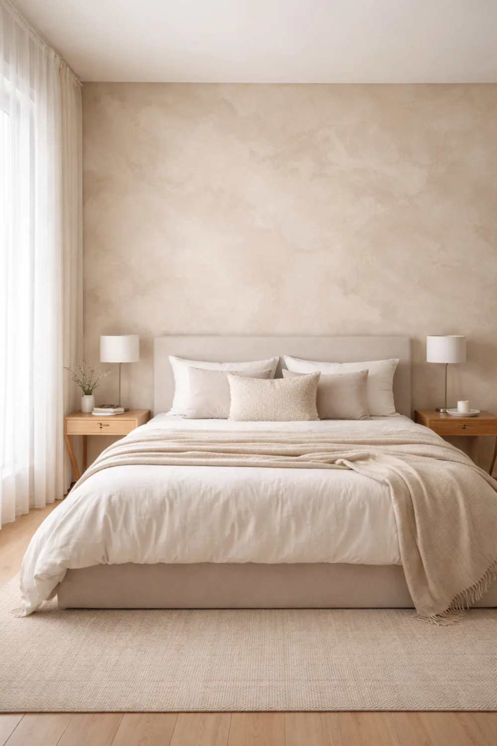 Modern bedroom limewash headboard wall with neutral bedding, wooden nightstands, and soft textured wall modern bedroom decor