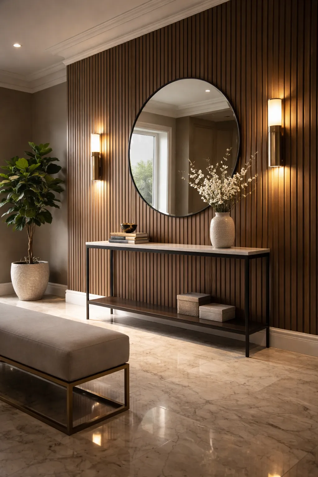entryway fluted wood panel wall with round mirror and console table