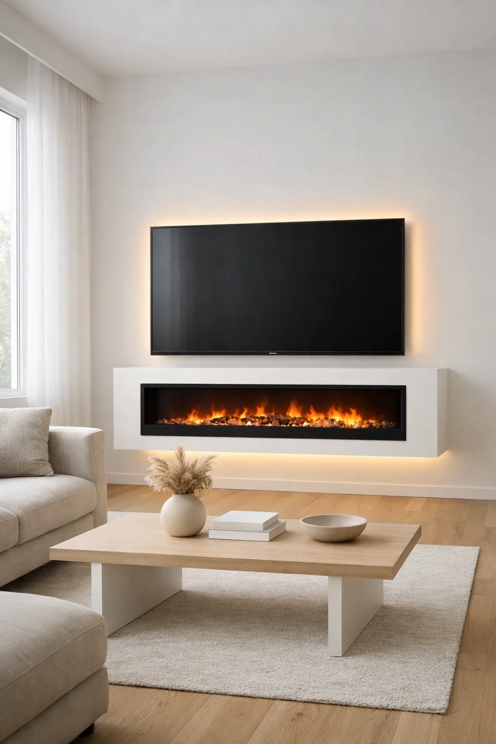 Minimalist floating electric fireplace with TV above in modern neutral living room with soft lighting and clean design.