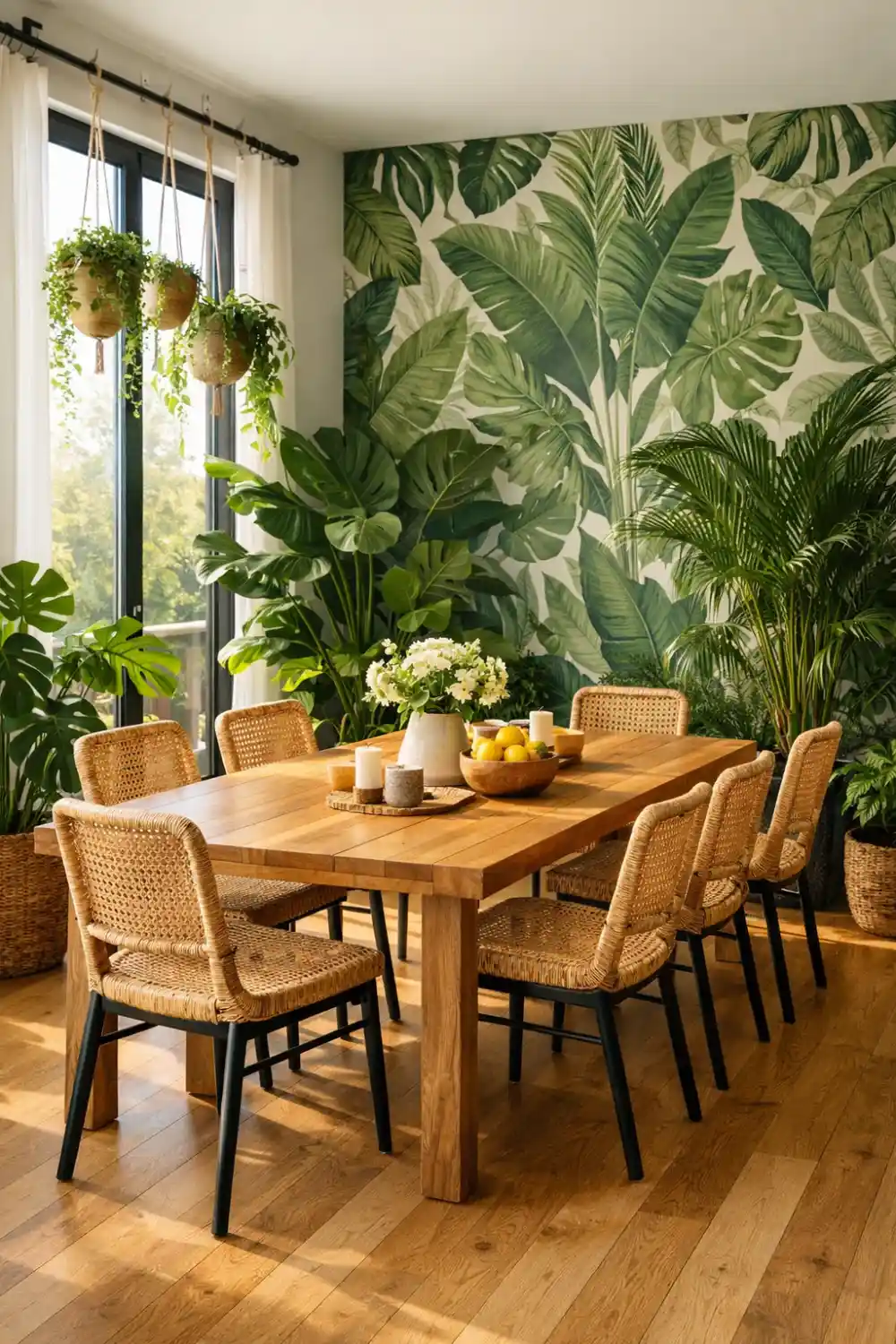 tropical botanical maximalist dining room with leafy wallpaper wooden table rattan chairs indoor plants and bright natural light