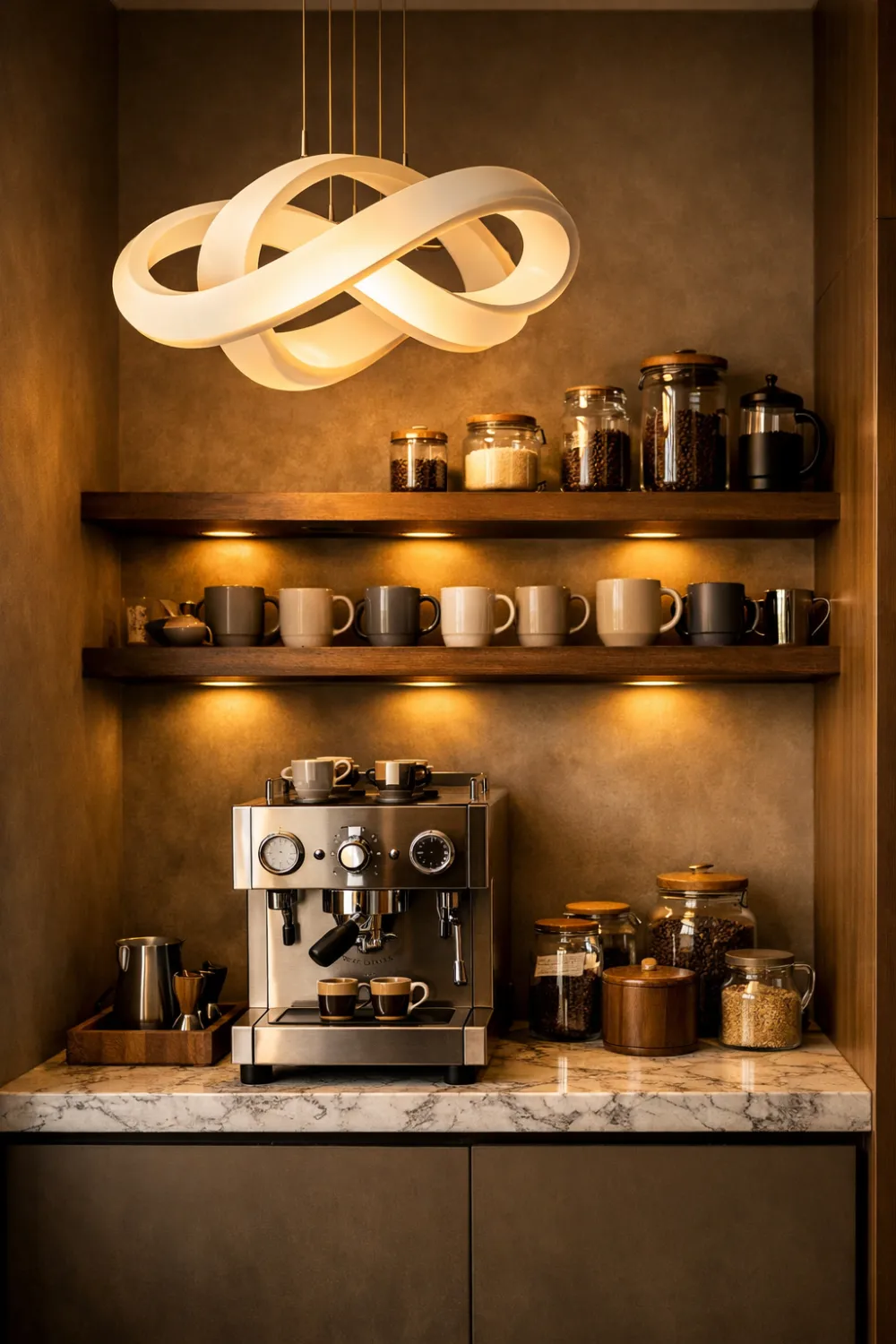 coffee bar with designer pendant light floating shelves mugs espresso machine modern kitchen coffee station