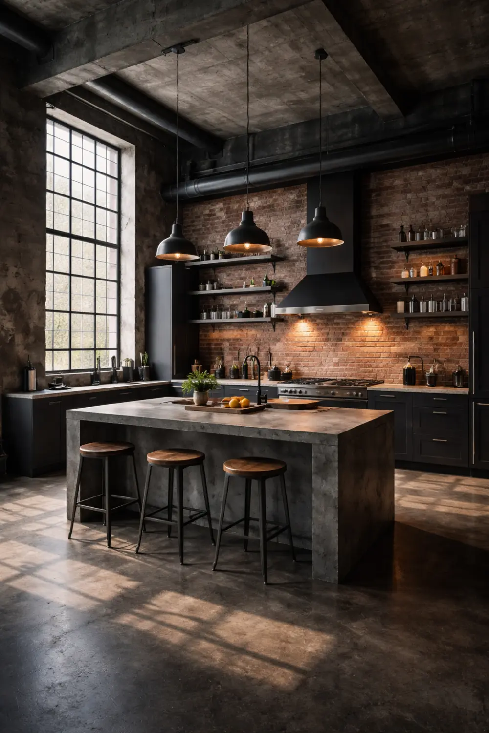 Industrial dark kitchen with exposed brick wall, concrete island, black cabinets, metal pendant lights, and loft style interior.