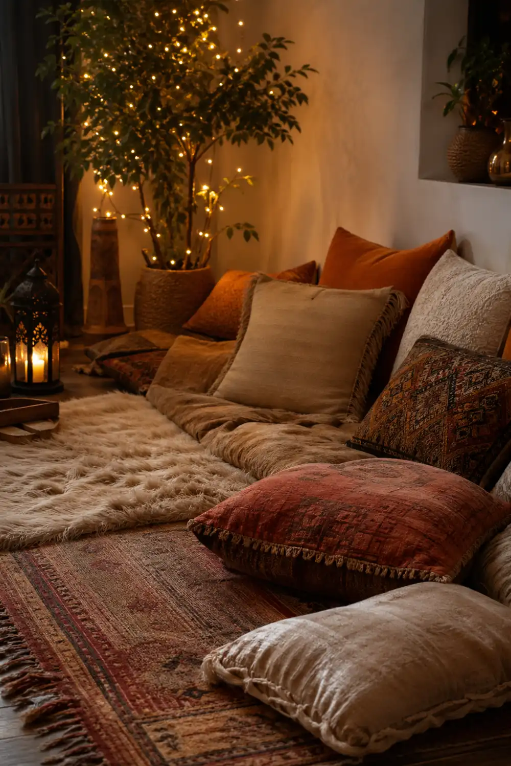 cozy floor seating corner with layered cushions soft rug warm fairy lights boho style relaxed vibe earthy tones aesthetic lounge decor