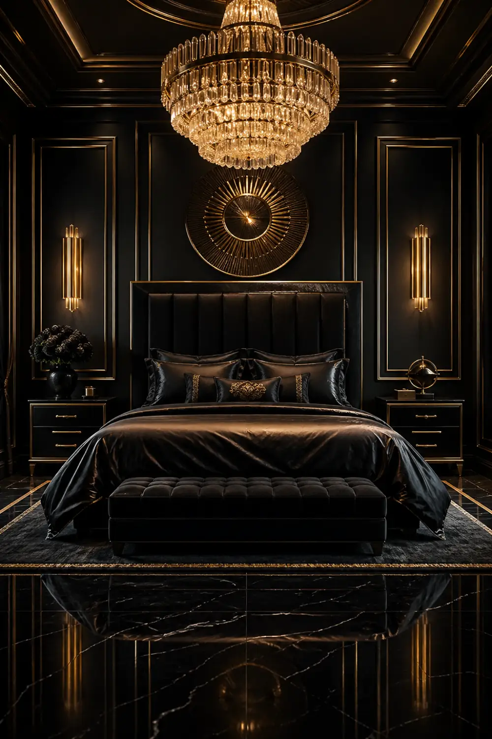 black and gold luxury bedroom aesthetic with chandelier, dark walls, velvet bedding, gold accents, premium modern bedroom decor, dramatic lighting interior design